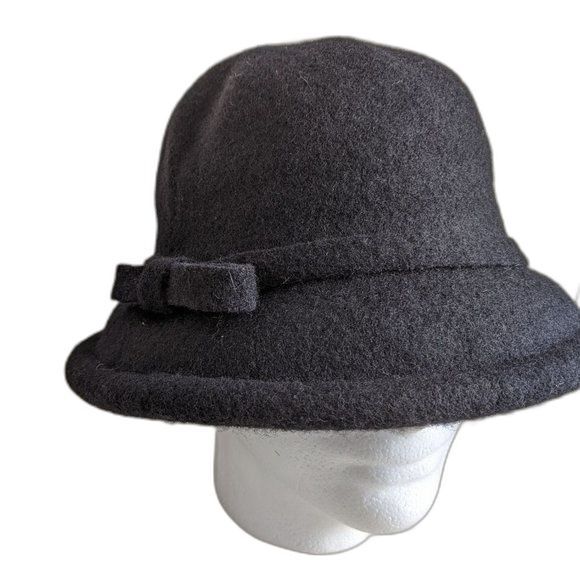 Cloche Hat Side Bow Black All Seasons - 100% Wool - Fall Style Evening Dress Up - Picture 6 of 10